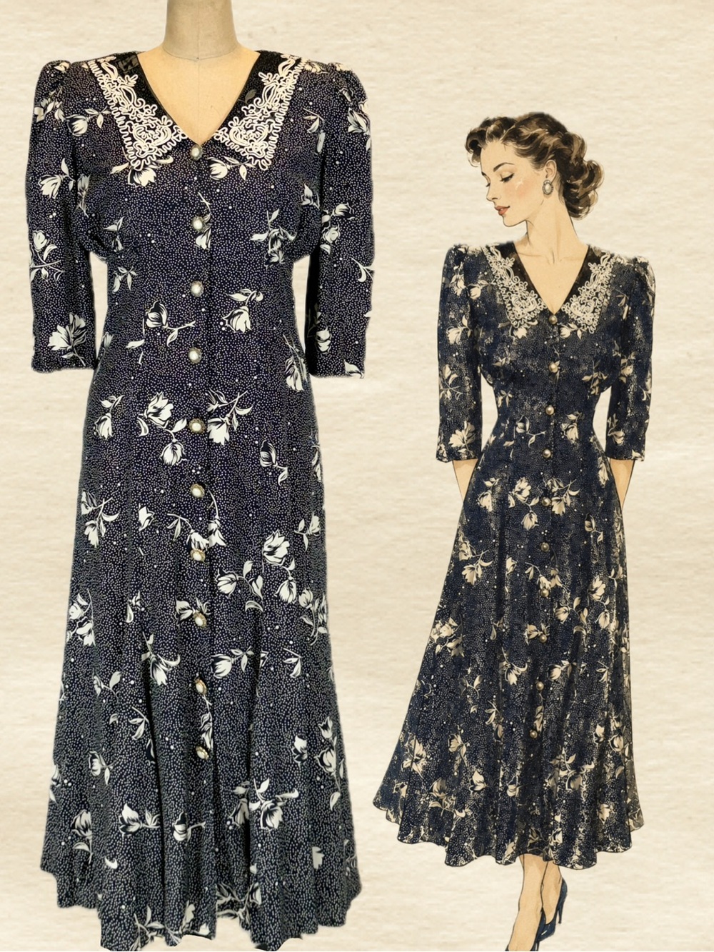 VINTAGE 90s lace collar long maxi dress black white‎ polka dot floral button